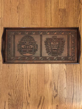 Load image into Gallery viewer, Incan Creator God & Sican Deity, Hand Tooled Leather and Wood Tray, Peru, Vintage, 1980's