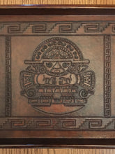 Load image into Gallery viewer, Incan Creator God & Sican Deity, Hand Tooled Leather and Wood Tray, Peru, Vintage, 1980's