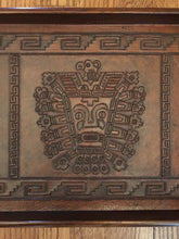 Load image into Gallery viewer, Incan Creator God & Sican Deity, Hand Tooled Leather and Wood Tray, Peru, Vintage, 1980's