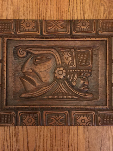 Mayan Maize God, Hand Carved Wooden Art Panel, Laptop Desk Size, Vintage, 1970's