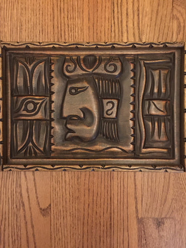 Mayan Maize God, Hand Carved Wooden Art Panel, iPad Lap-desk Size, Vintage, 1970's