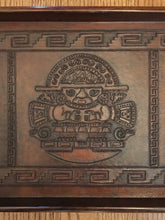 Load image into Gallery viewer, Incan Creator God &amp; Sican Deity, Hand Tooled Leather and Wood Tray, Peru, Vintage, 1980&#39;s