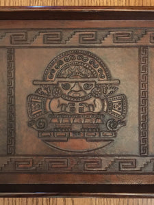 Incan Creator God & Sican Deity, Hand Tooled Leather and Wood Tray, Peru, Vintage, 1980's