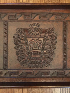 Incan Creator God & Sican Deity, Hand Tooled Leather and Wood Tray, Peru, Vintage, 1980's