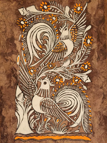 Aztec Birds, Original Painting on Amate Tree Bark, Vintage, Early 1970's