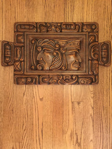 Mayan Maize God, Hero Twins, Hand Carved Wooden Art Panel, Laptop Desk Size, 1970's